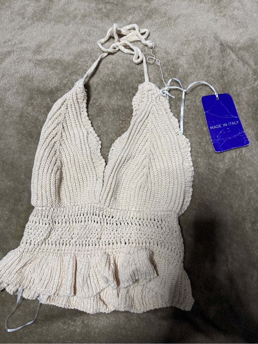 Via Veneto Cream Crochet Halter One-Piece